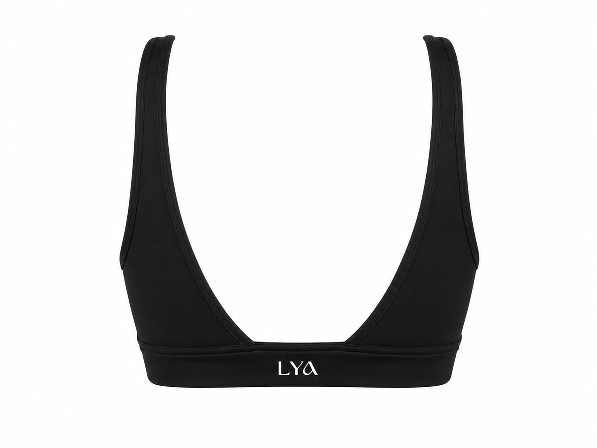 Peto triangular deportivo Aura en negro de LYA Studio, vista 2