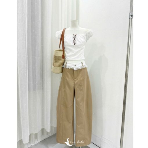 Set áo trễ vai Linen thuê hoa quân kaki cạp phối ren - Hình ảnh 4