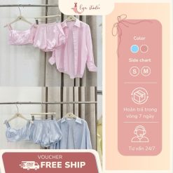 Set bộ nữ sọc đũi 3 món gồm áo hai dây quần bí kèm áo sơ mi khoác ngoài
