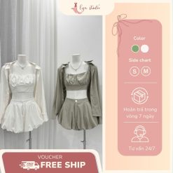 Set bộ nữ gió 3 món gồm áo hai dây, quần bí và áo sơ mi khoác ngoài