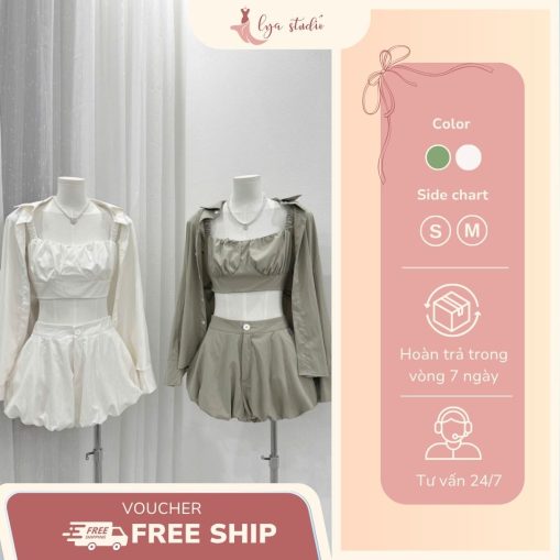 Set bộ nữ gió 3 món gồm áo hai dây, quần bí và áo sơ mi khoác ngoài