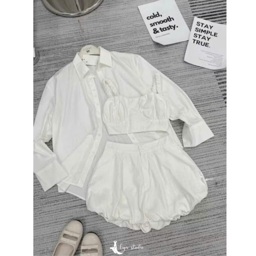 Set bộ nữ gió 3 món gồm áo hai dây, quần bí và áo sơ mi khoác ngoài - Hình ảnh 5