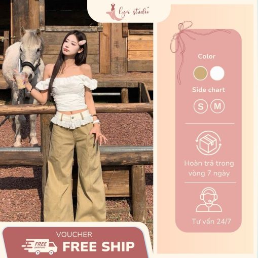 Set áo trễ vai Linen thuê hoa quân kaki cạp phối ren