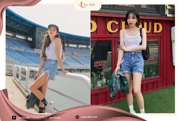 Chân ngắn đi biển mặc gì: Áo hai dây + quần short cạp cao