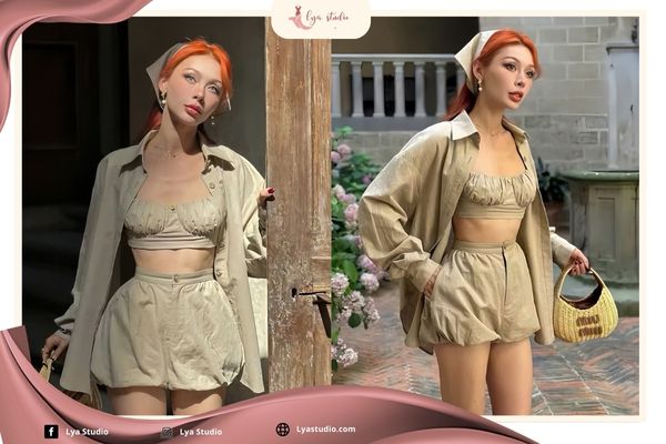 Chân ngắn đi biển mặc gì: Set bộ gió 3 món Lya Studio