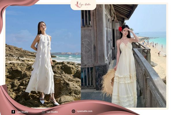 Chân ngắn đi biển mặc gì: Váy 2 dây suông