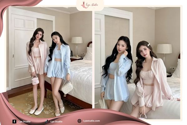 Đi biển mặc gì chụp hình đẹp: Set bộ kẻ sọc 3 món