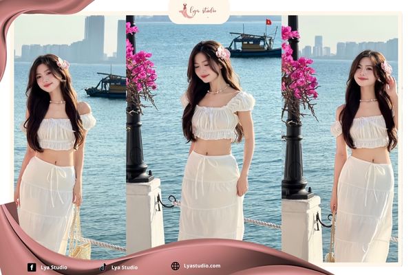 Đi biển mặc gì chụp hình đẹp: Áo croptop phối cùng chân váy dài