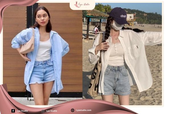 Set đồ đi biển kín đáo: Áo sơ mi oversize + quần short