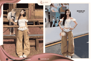Set Áo Trễ Vai Linen Thêu Hoa + Quần Kaki Cạp Cao Phối Ren