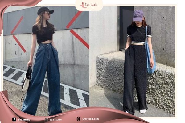 Quần ống rộng kết hợp áo croptop