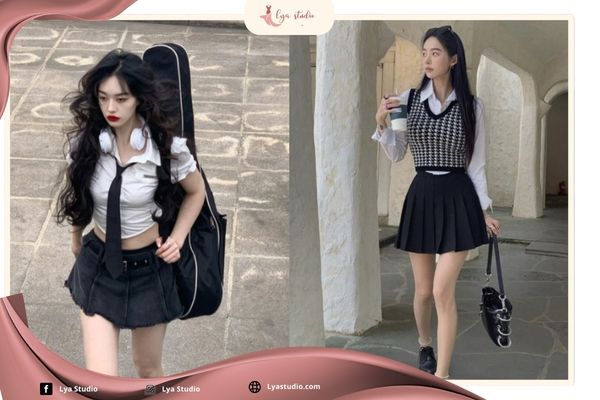 Phối đồ với chân váy xếp ly ngắn